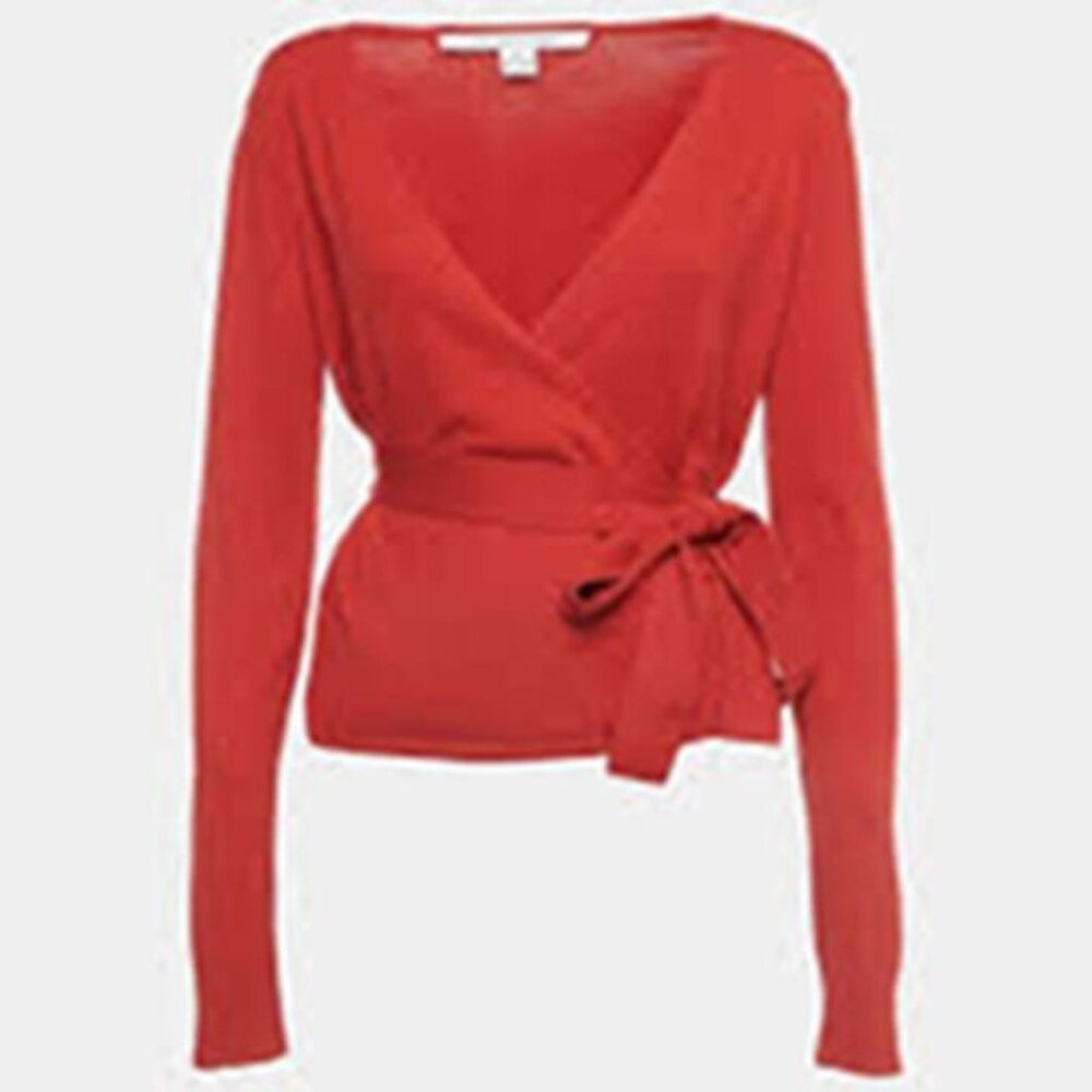 Diane Von Furstenberg Womens Wrap Top Blouse L Red Long Sleeve Tie Waist NWT